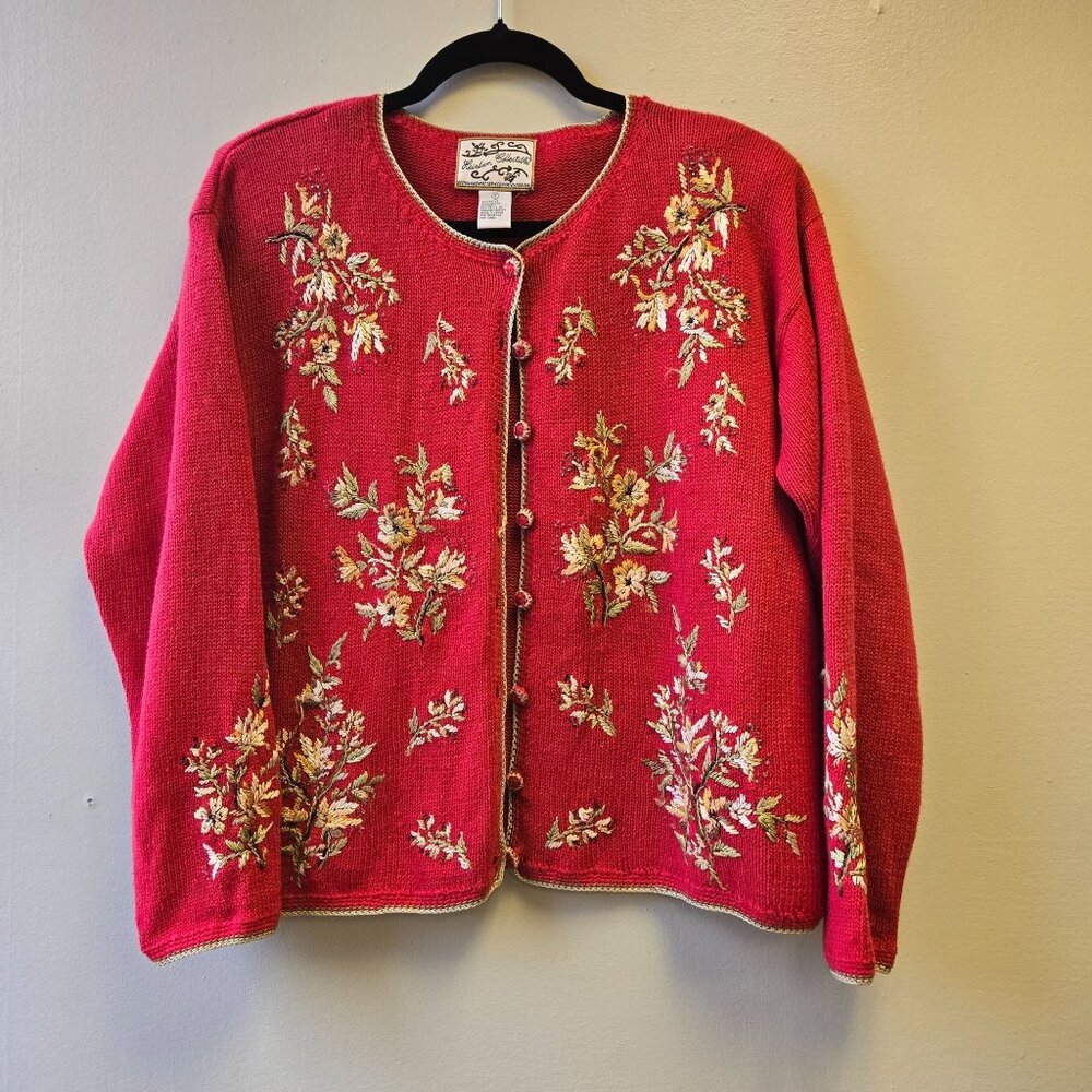 Heirloom Collectibles Vintage Cardigan Sweater Embroidered Granny Core‎ Red